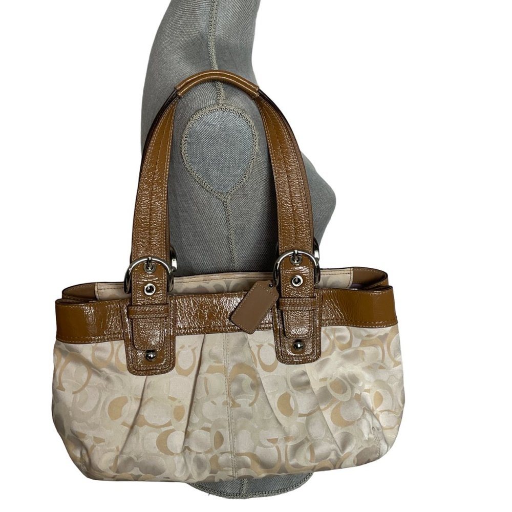 Coach Signature Soho Pleated Optic Khaki/Cream Tote Shoulder Bag F14492